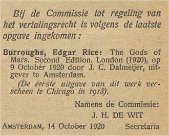 aanvraag
                  vertalingsrecht Gods of Mars 1920