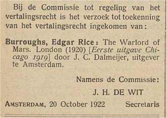 aanvraag
                  vertalingsrecht Gods of Mars 1922